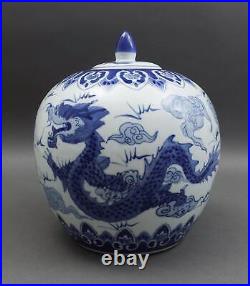 Chinese Ming Style Vintage Blue White Dragon Porcelain Lidded Ginger Temple Jar