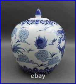 Chinese Ming Style Vintage Blue White Dragon Porcelain Lidded Ginger Temple Jar