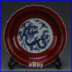 Chinese Old Marked Sacrificial Red Blue and White Dragon Pattern Porcelain Plate