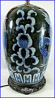 Chinese Porcelain Ginger Jar Lamp Cobalt Blue & White Dragon Paintings