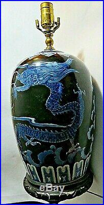 Chinese Porcelain Ginger Jar Lamp Cobalt Blue & White Dragon Paintings