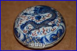 Chinese Qing Dynasty Blue & White Alum Red Dragon Pattern Ink Pad Box Chinese Qing Dynasty Blue & White Alum Red Dragon Pattern Ink Pad Box