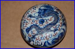 Chinese Qing Dynasty Blue & White Alum Red Dragon Pattern Ink Pad Box Chinese Qing Dynasty Blue & White Alum Red Dragon Pattern Ink Pad Box