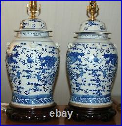 Chinese TEMPLE JAR LAMPS Pair Blue & White Ginger Jar Porcelain Dragons Vases 5N
