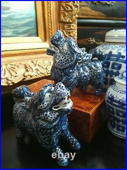 Gorgeous Blue White Chinoiserie Porcelain Qilin Foo Dog Dragon Lion Mantle Pair