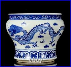 Kangxi Signed Old Chinese Blue & White Porcelain Pot Jar withdragon