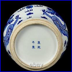 Kangxi Signed Old Chinese Blue & White Porcelain Pot Jar withdragon