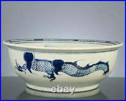 Large Antique Chinese Blue & White Dragon Bowl Qing dynasty 18th Century