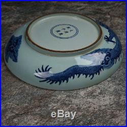 Large Chinese Blue And White Porcelain Plate Flying Dragon Painting Marks KangXi