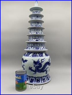 Large Superb Chinese Blue & White Dragon Pagoda Vase Xuande Marked Ming Revival