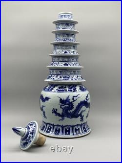 Large Superb Chinese Blue & White Dragon Pagoda Vase Xuande Marked Ming Revival