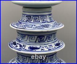 Large Superb Chinese Blue & White Dragon Pagoda Vase Xuande Marked Ming Revival