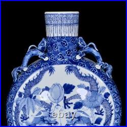 Nice Collectable Art Hand Painting Blue&white Porcelain Dragon Flat Vase