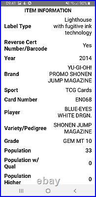 POP 33 2014 Shonen Jump (PSA GEM MINT 10) Blue-Eyes White Dragon JUMP-EN068