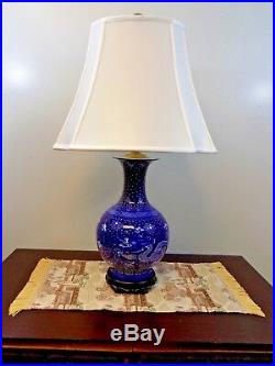 Pair 32 Chinese Porcelain Vase Lamps Dragon Blue & White 24k Embellishment