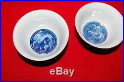 Pair Chinese Porcelain Blue White Kangxi Mark Dragon And Lotus Bowls