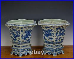 Pair Large Chinese Qing Qianlong Blue White Dragon 6 Side Porcelain Flower Pot