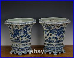 Pair Large Chinese Qing Qianlong Blue White Dragon 6 Side Porcelain Flower Pot