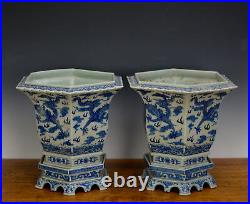 Pair Large Chinese Qing Qianlong Blue White Dragon 6 Side Porcelain Flower Pot