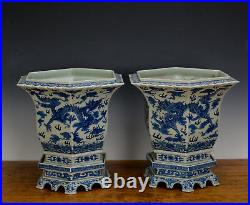 Pair Large Chinese Qing Qianlong Blue White Dragon 6 Side Porcelain Flower Pot