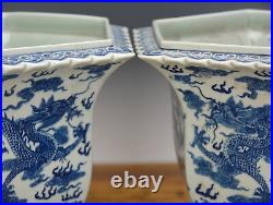 Pair Large Chinese Qing Qianlong Blue White Dragon 6 Side Porcelain Flower Pot