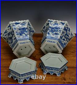 Pair Large Chinese Qing Qianlong Blue White Dragon 6 Side Porcelain Flower Pot