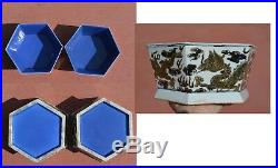 Pair Late 19C Chinese Gilt Blue & White Enamel Cobalt Blue Porcelain Bowl Dragon