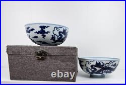 Pair of Antique Chinese Blue & White Dragon Bowls with Daoguang Mark in Padded Box Pair of Antique Chinese Blue & White Dragon Bowls with Daoguang Mark in Padded Box