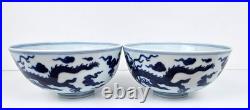 Pair of Antique Chinese Blue & White Dragon Bowls with Daoguang Mark in Padded Box Pair of Antique Chinese Blue & White Dragon Bowls with Daoguang Mark in Padded Box