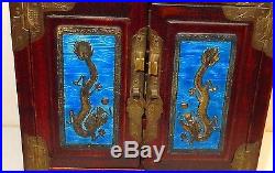Rare Chinese Cloisonne Repousse Blue Enamel Dragon White Jade Wood Jewelry Box