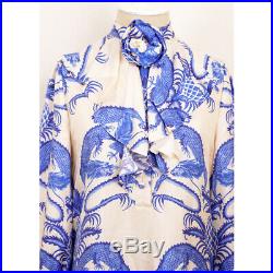 Sz 42 NEW $2980 GUCCI Ivory Silk BLUE DRAGON PRINT Flounce RUFFLE NECK DRESS NWT