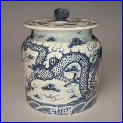 VTG Chinese Porcelain Dragon Jar Lid Chasing Pearl In Clouds Blue White