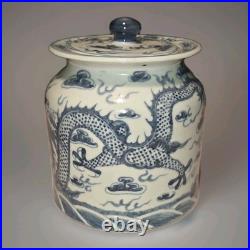 VTG Chinese Porcelain Dragon Jar Lid Chasing Pearl In Clouds Blue White