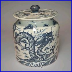 VTG Chinese Porcelain Dragon Jar Lid Chasing Pearl In Clouds Blue White