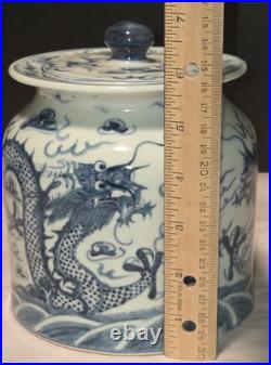 VTG Chinese Porcelain Dragon Jar Lid Chasing Pearl In Clouds Blue White