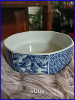 Vintage Japanese Blue & White Porcelain Kozan Gama Dragon Bowl or Dish