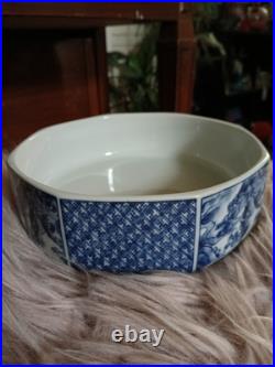 Vintage Japanese Blue & White Porcelain Kozan Gama Dragon Bowl or Dish