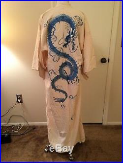 Vintage Japanese Womens Silk Embroidered Kimono Robe White/Cream withBlue Dragon