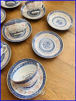 Vintage Jingdezhen Chinese Blue White Dragon Rice Eye Tea Cup Set