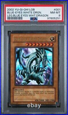 YuGiOh PSA 8 Ultra Rare Blue-Eyes White Dragon LOB-001 02 Original Print